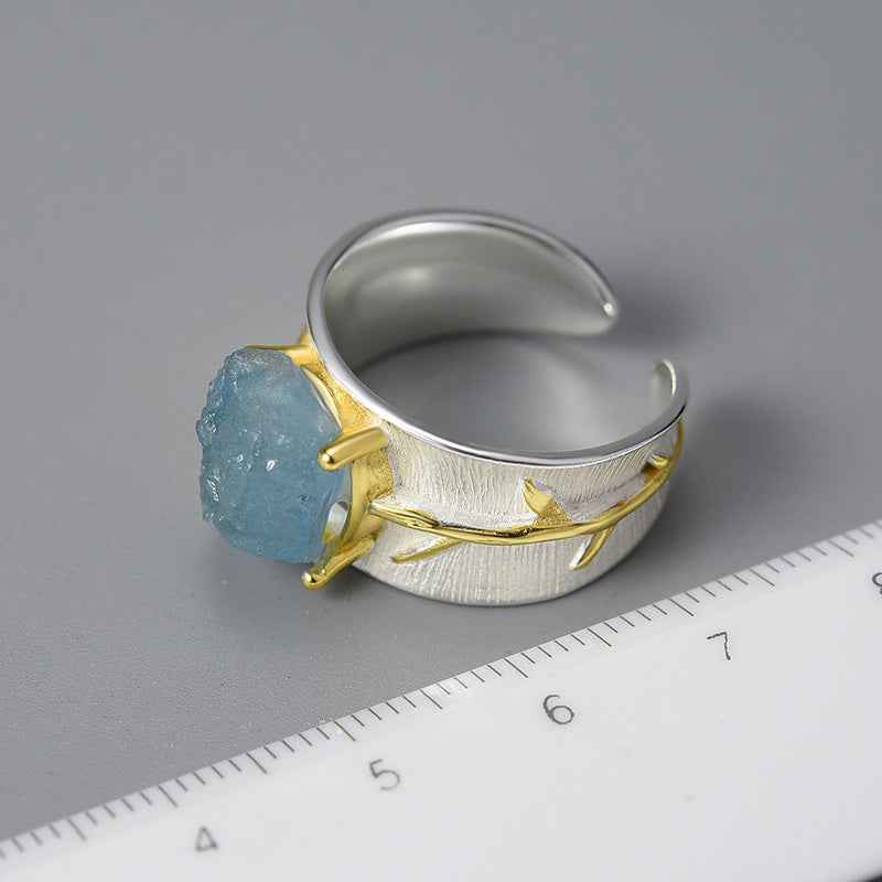 Long Leaf Aquamarine Ring - S925 Sterling Silver Floral Chinese Style Wide Band | Women's Nature-Inspired Jewelry