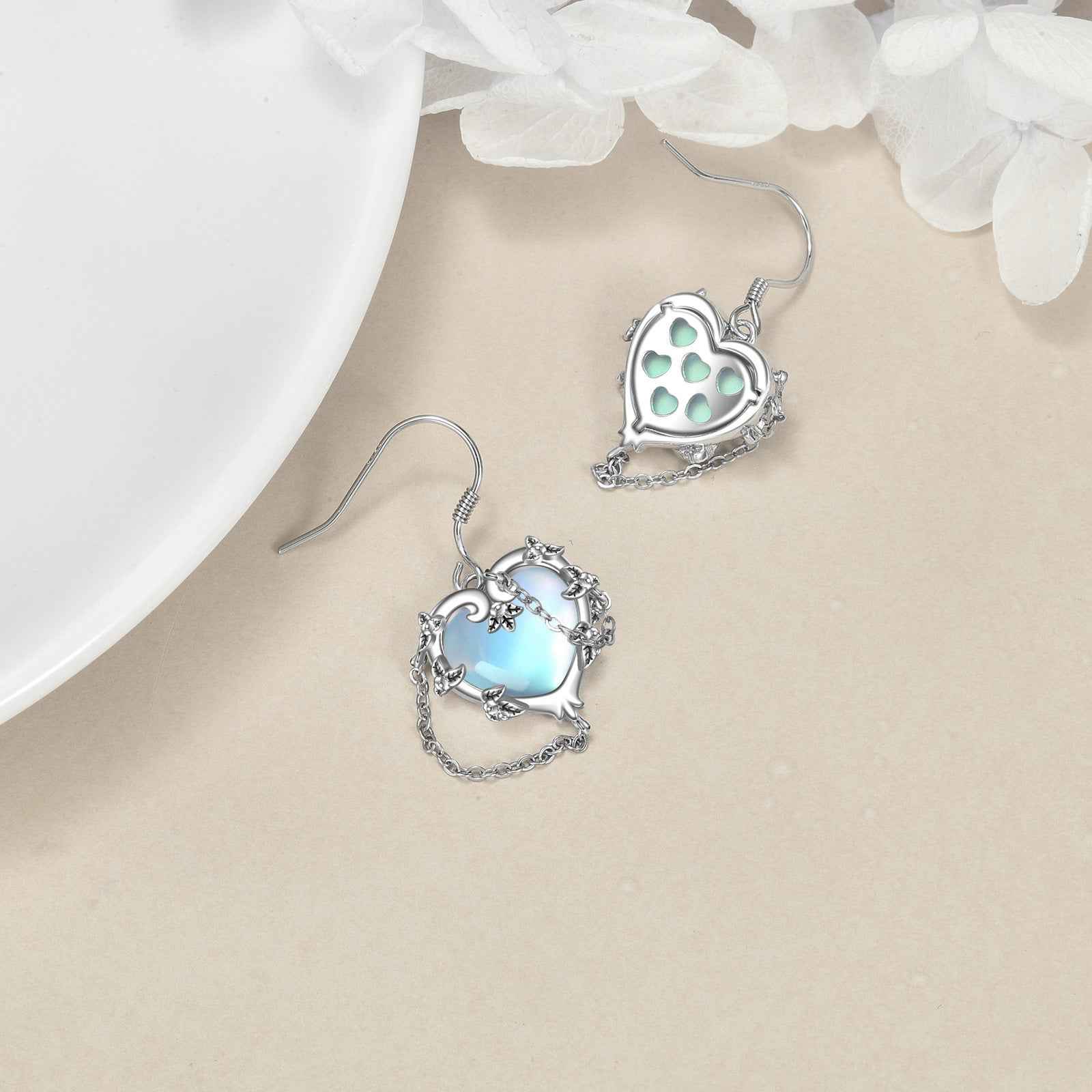 Witches Heart Moonstone Earrings - 925 Sterling Silver White Gold Plated Gothic Jewelry for Women