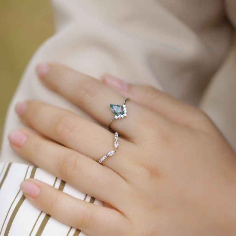 Moss Agate Stackable Ring Set – Natural Green Stone & S925 Platinum Silver | Women's Geometric Kite Shape Two-Piece Jewelry