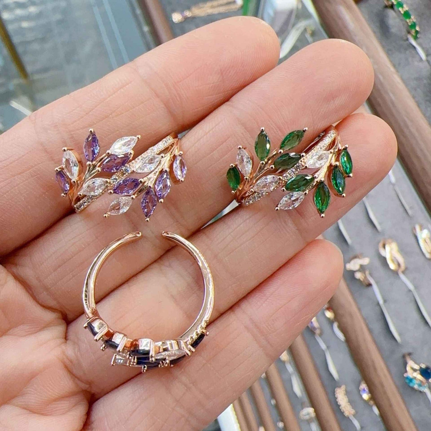 Rose Gold Geometric Zircon Ring - Unisex Real Gold Jewelry in Purple, Blue, Green Options
