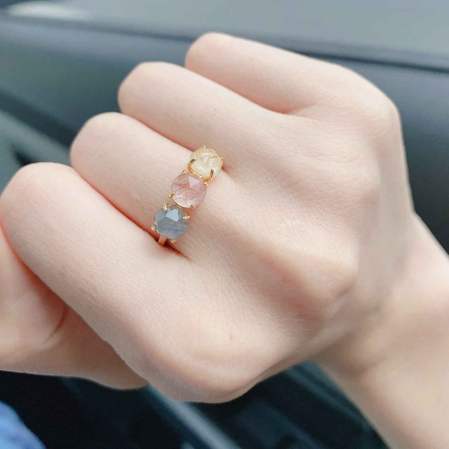 Raw Rutilated Quartz Trilogy Ring - Unique Raw Rutilated Quartz Ring for Statement Jewelry