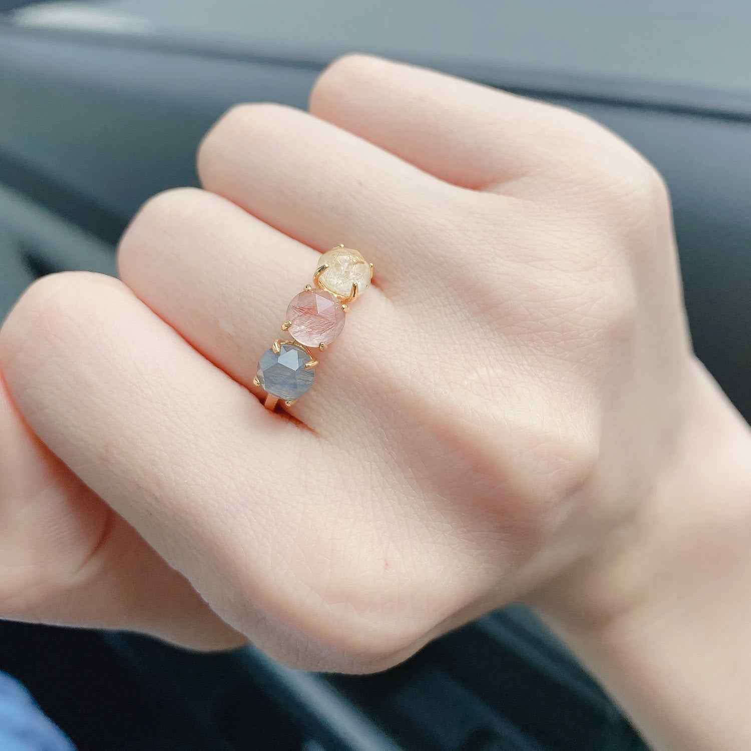 Raw Rutilated Quartz Trilogy Ring - Unique Raw Rutilated Quartz Ring for Statement Jewelry