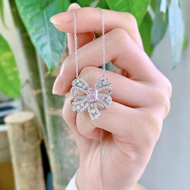 Luxury Pink Butterfly Necklace – 925 Sterling Silver Pendant with Curb Chain and Crystal Accents