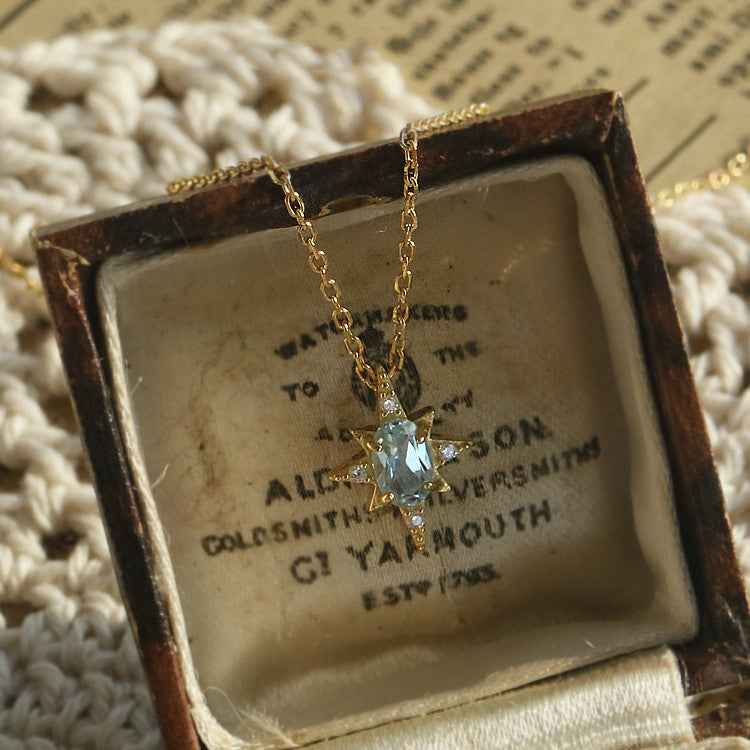 Vintage Celestial Blue Topaz Necklace - Stars & Moon Design in Gold-Plated Silver
