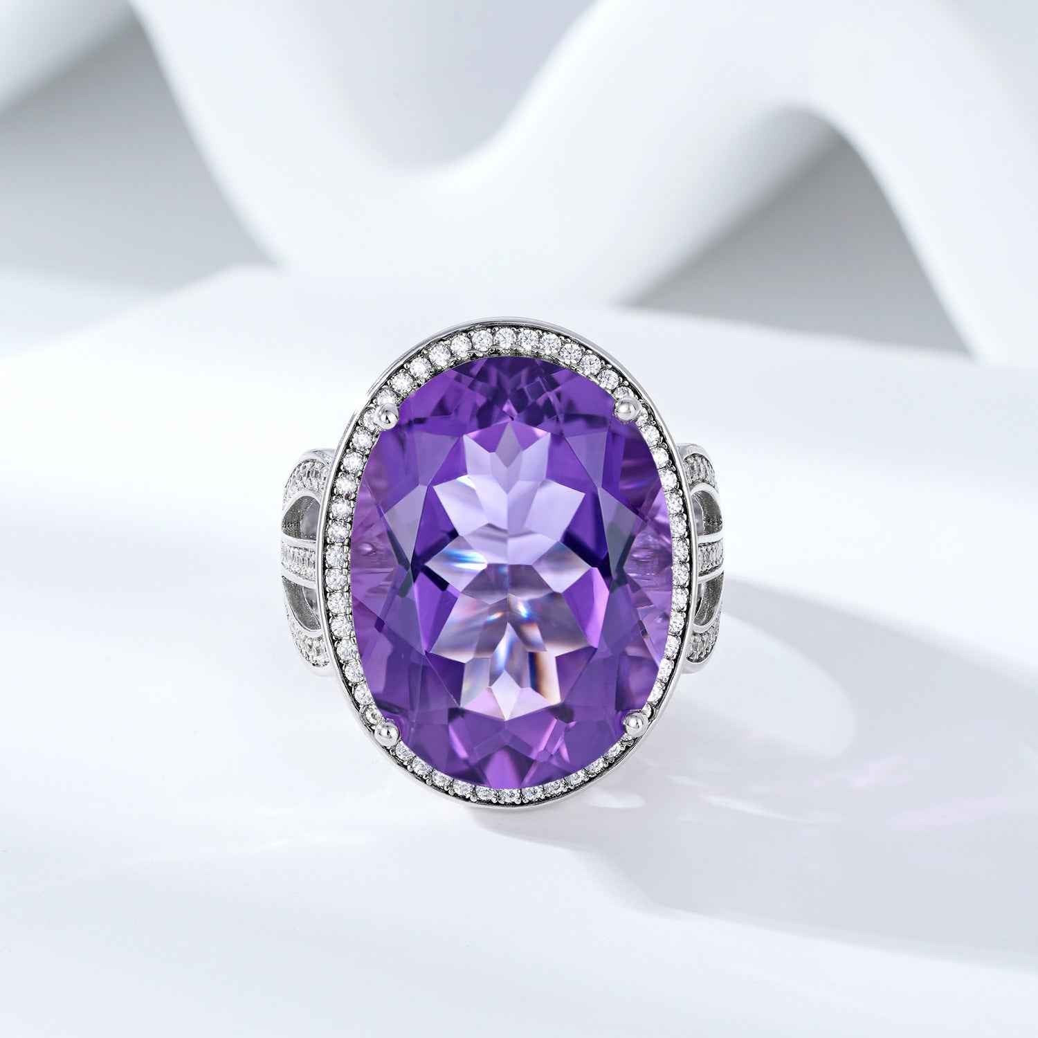 Grand Oval Amethyst Ring in Sterling Silver Halo Design