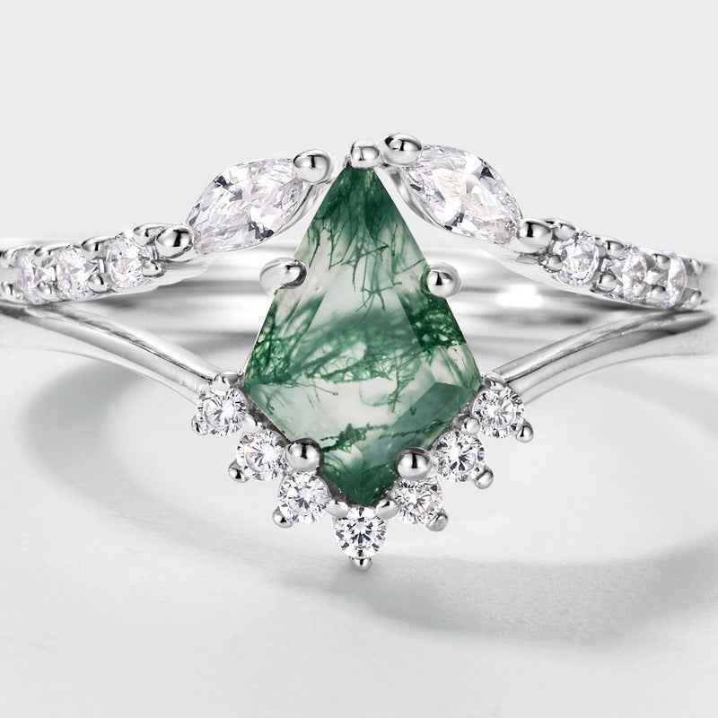 Moss Agate Stackable Ring Set – Natural Green Stone & S925 Platinum Silver | Women's Geometric Kite Shape Two-Piece Jewelry