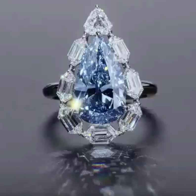 Blue Diamond Water Drop Ring - Ice Flower Cut Synthetic Gemstone & 925 Silver Women's Geometric Statement Jewelry