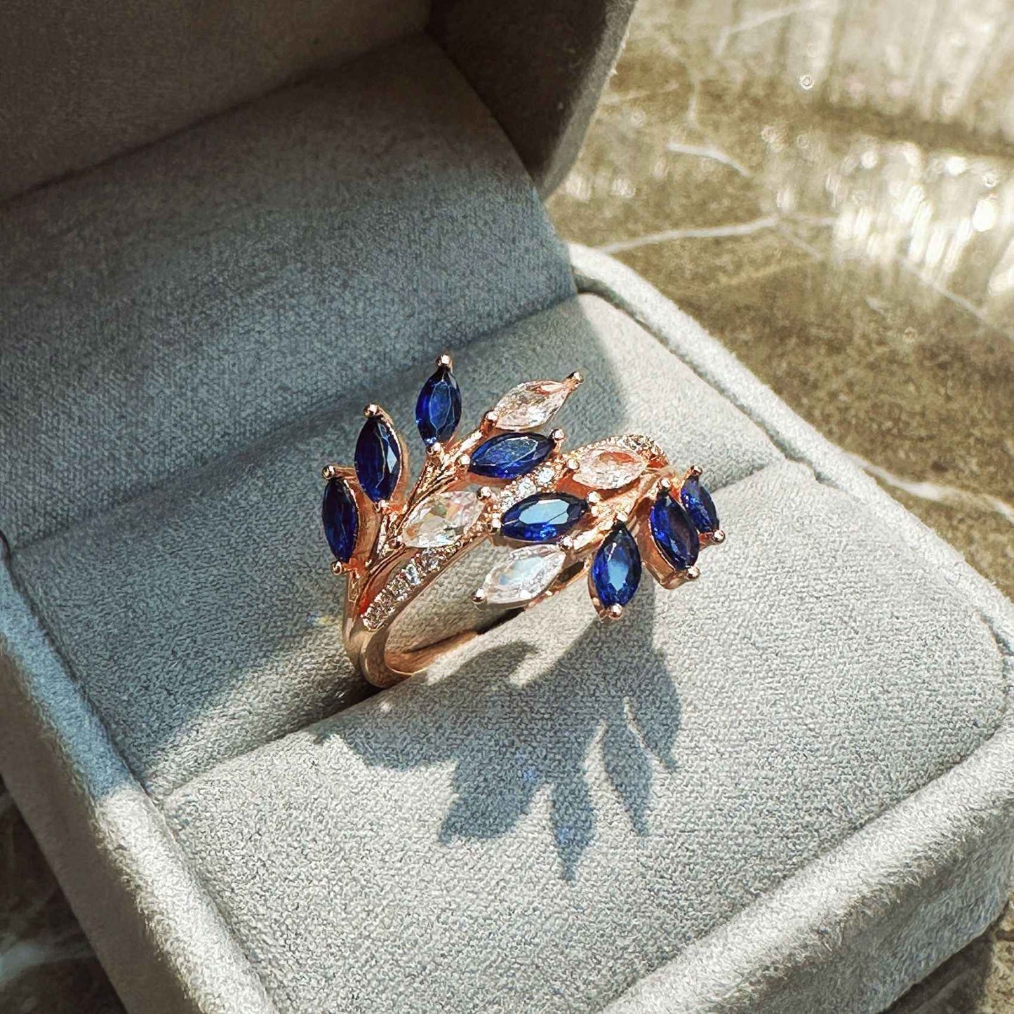 Rose Gold Geometric Zircon Ring - Unisex Real Gold Jewelry in Purple, Blue, Green Options