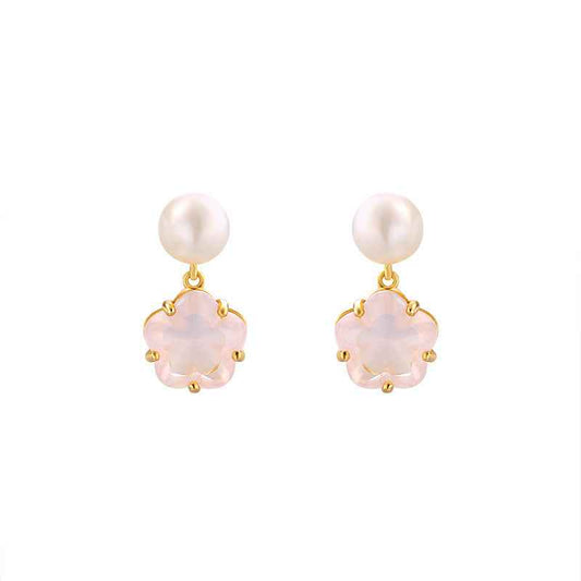 Cherry Blossom Drop Earrings - Hypoallergenic Silver with Natural Crystal & Pearl Accents in Feminine Floral Design
