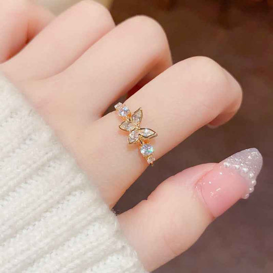 Diamond Butterfly Ring - Thick Real Gold Plated Adjustable Luxury Party Jewelry for Women - Elegant Sweet Statement
