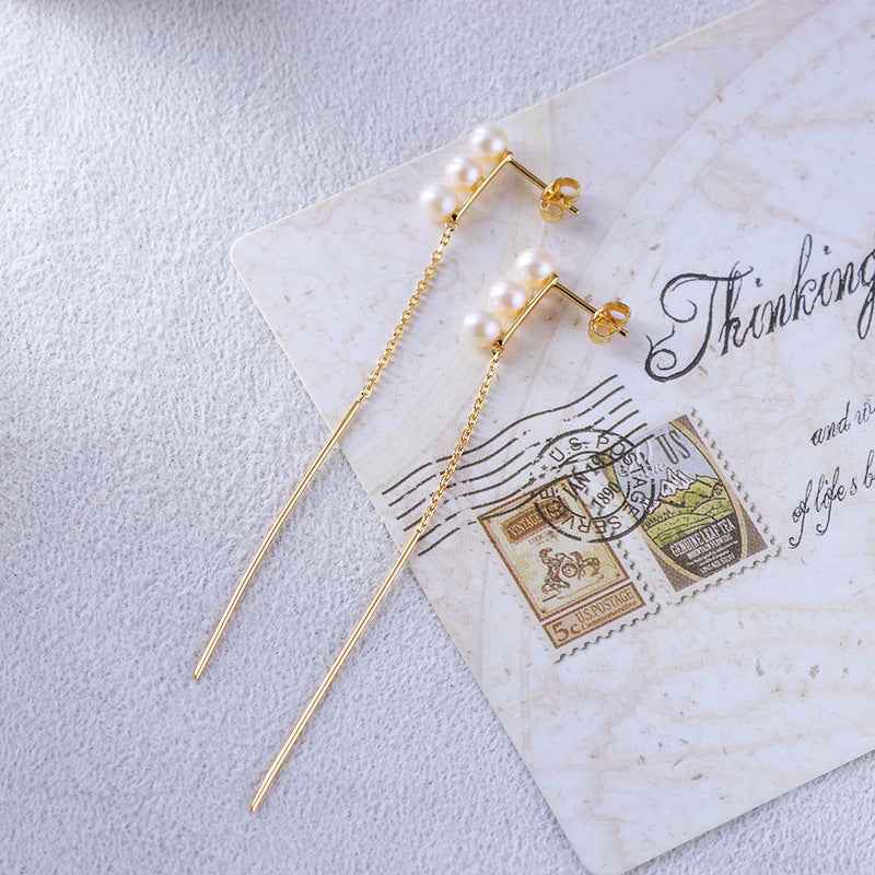 Natural Pearl Tassel Drop Earrings - Silver-Plated Linear Bar Design for Fashionable Office Style