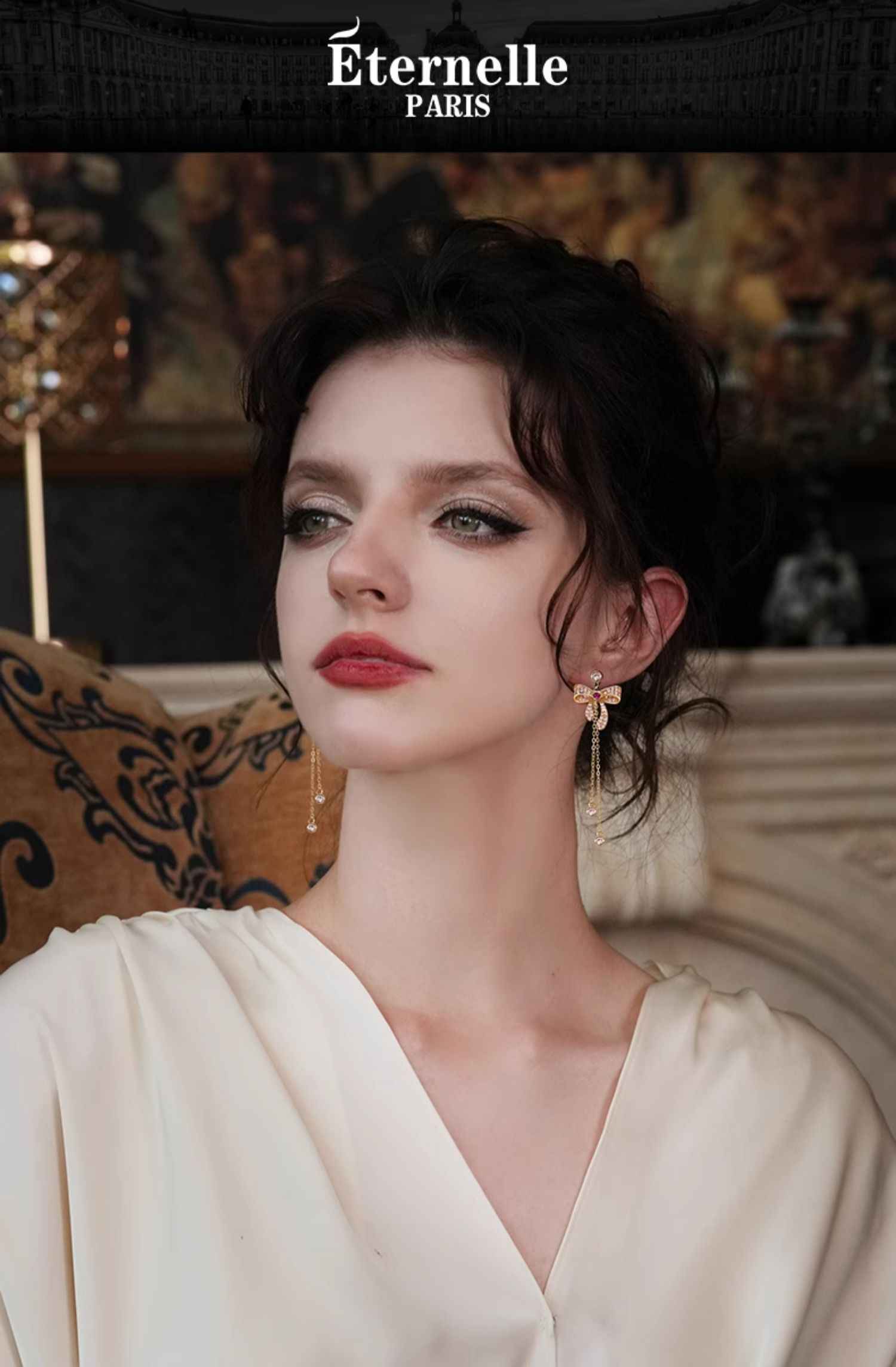 Gold Tassel Drop Earrings in Sterling Silver with Bow Design