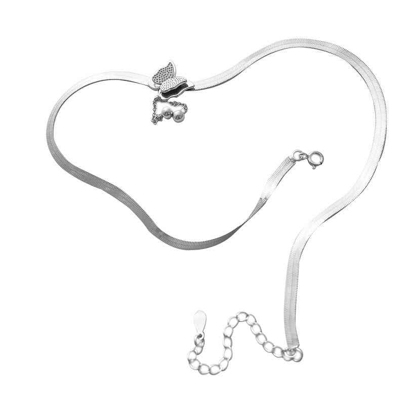 Flat Snake Bone Chain Necklace with Butterfly Pendant in S925 Sterling Silver – Korean Style Fashion Accessory