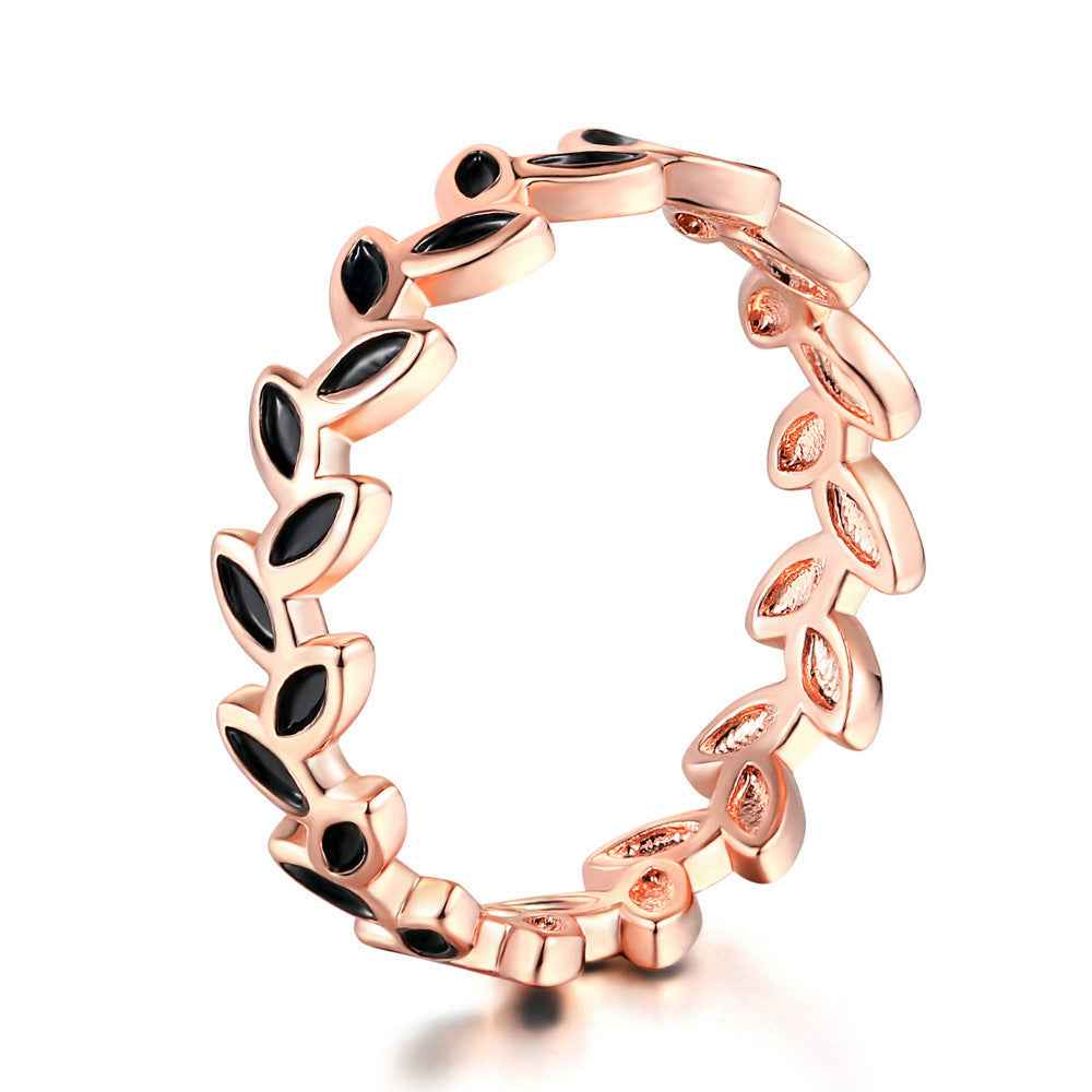 Olive Branch Rose Gold Ring - Korean Style Drop Oil Flower Design for Women’s Versatile Gift Jewelry
