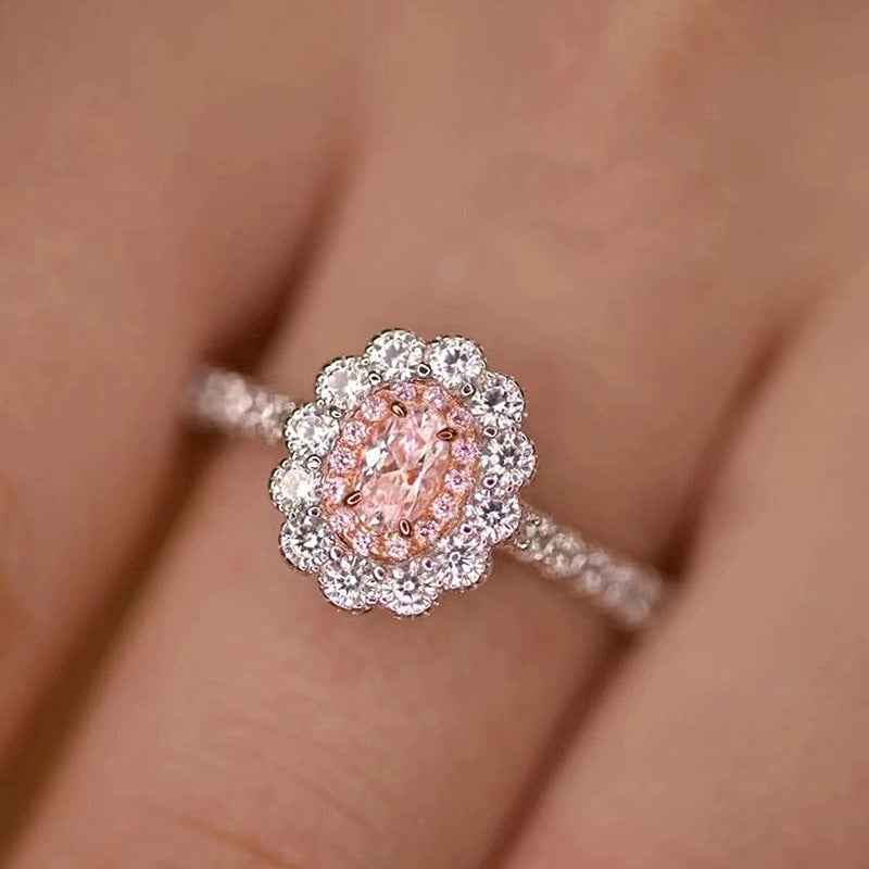 Oval Diamond Flower Ring - Unisex 925 Sterling Silver with Pink or Yellow Diamonds