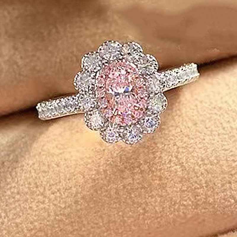 Oval Diamond Flower Ring - Unisex 925 Sterling Silver with Pink or Yellow Diamonds