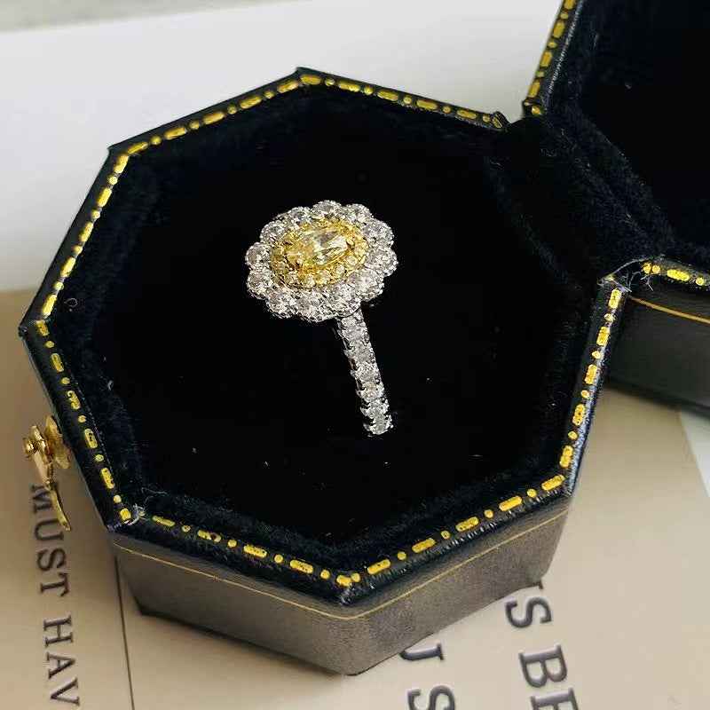 Oval Diamond Flower Ring - Unisex 925 Sterling Silver with Pink or Yellow Diamonds