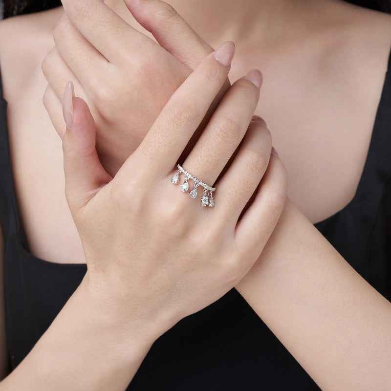 Crown Tassel Moissanite Ring – Creative Fade-Resistant Silver Statement | Women's Fashion OL Personality Jewelry with Moss Agate Stackable Ring Set