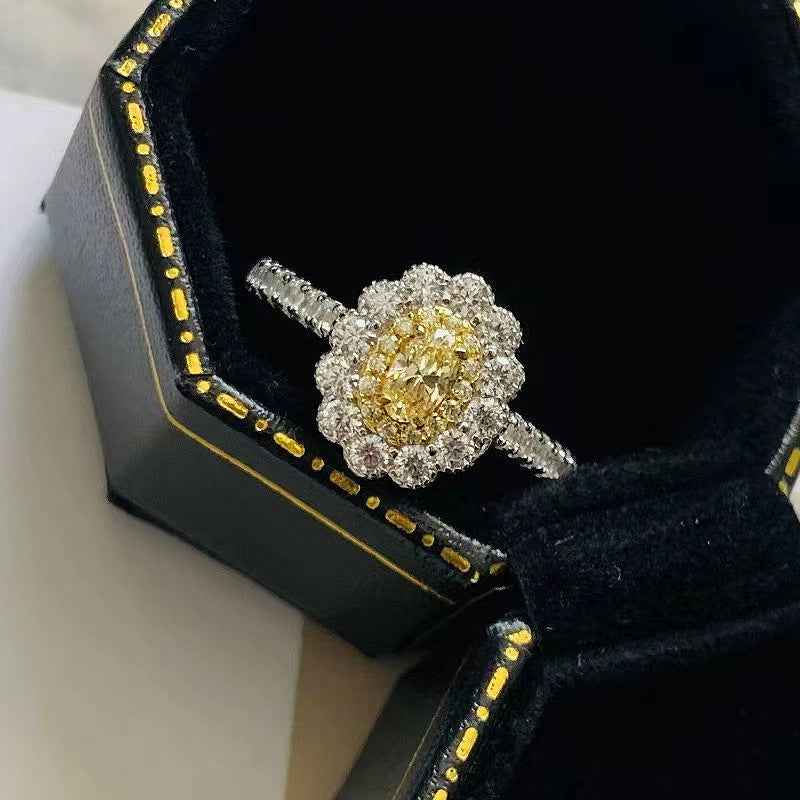 Oval Diamond Flower Ring - Unisex 925 Sterling Silver with Pink or Yellow Diamonds