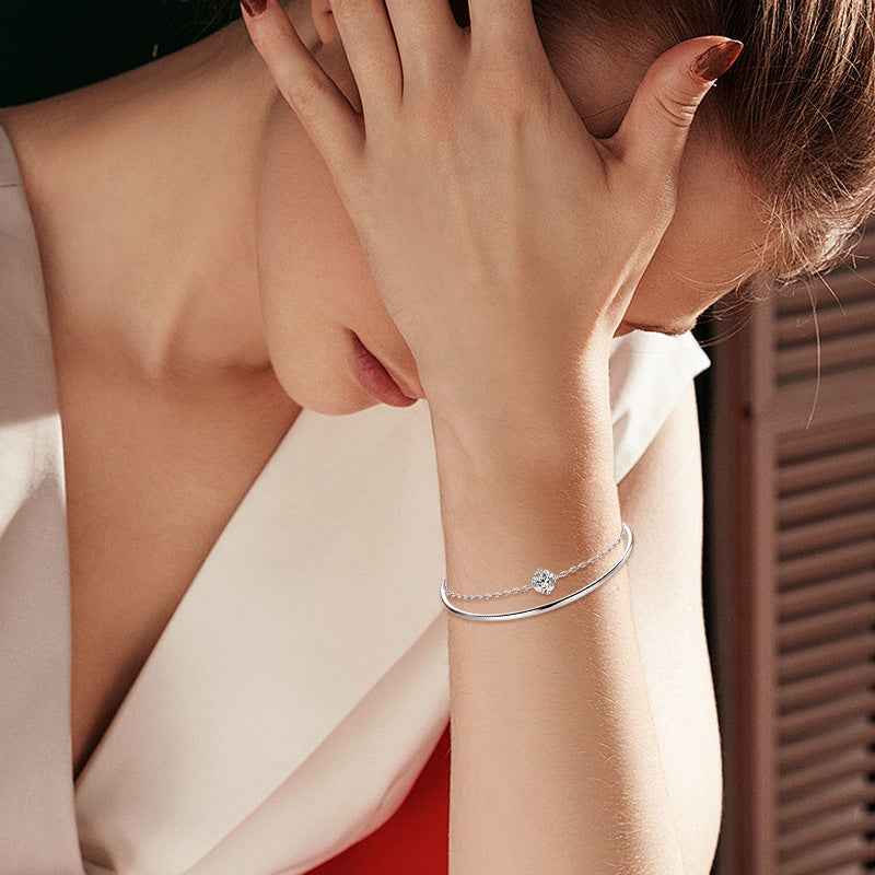 Twin Moissanite Sterling Silver Bracelet - Double Design with K Gold or K Platinum Luxury Finish