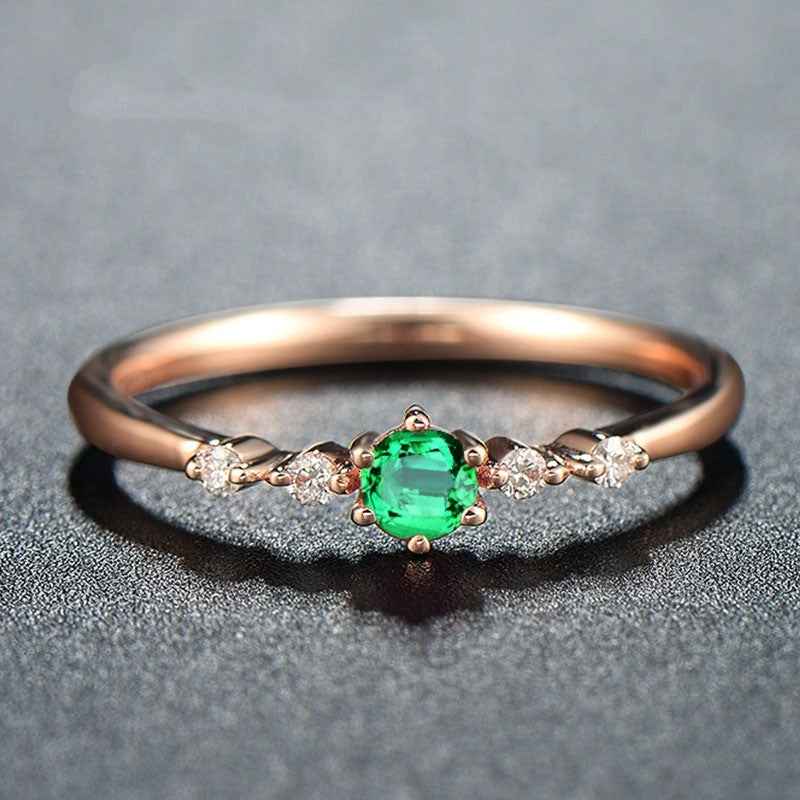 Rose Gold-Plated Geometric Ring with Sterling Silver Simulated Emerald Inlay - Sizes 6-10
