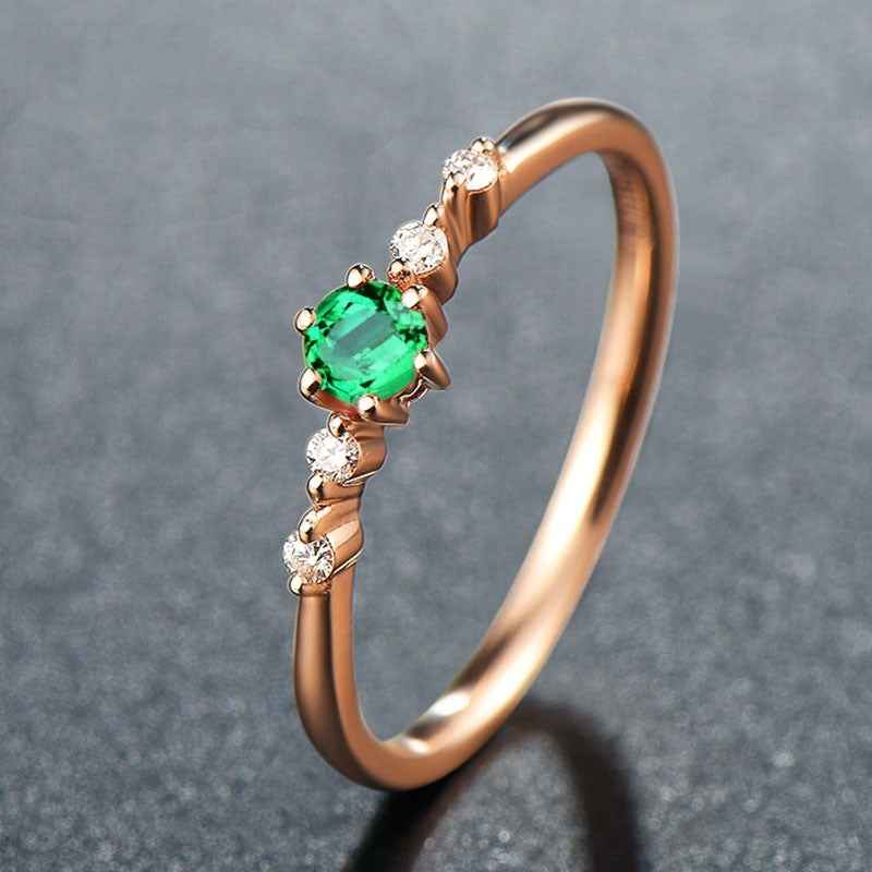 Rose Gold-Plated Geometric Ring with Sterling Silver Simulated Emerald Inlay - Sizes 6-10