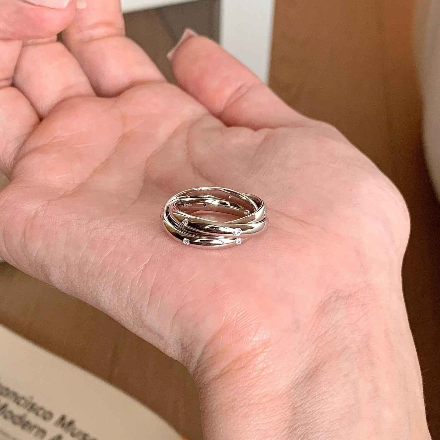 Multi-Layer Trinity Winding Ring – S925 Sterling Silver with White Gold Finish | Retro Geometric Statement Jewelry for Women