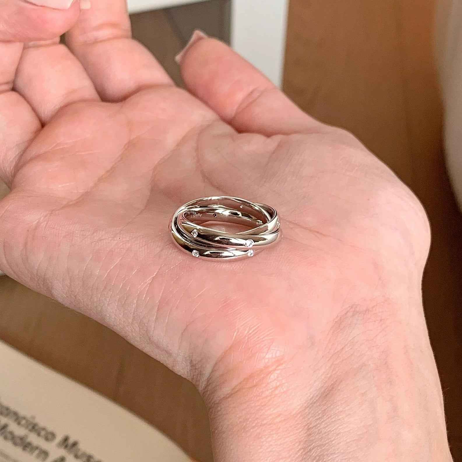 Multi-Layer Trinity Winding Ring – S925 Sterling Silver with White Gold Finish | Retro Geometric Statement Jewelry for Women