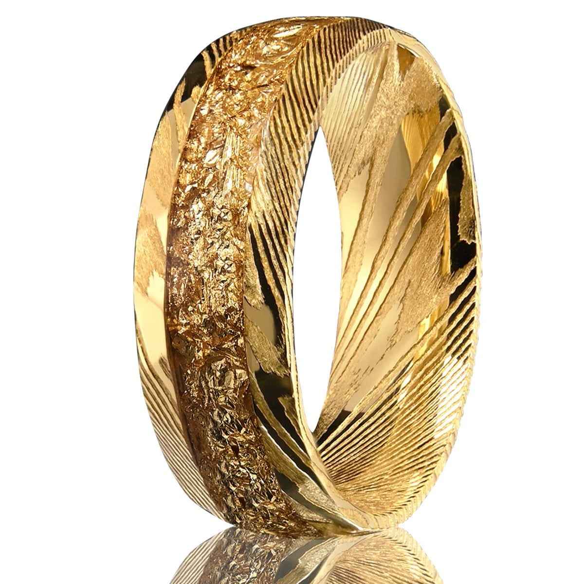 Gold Foil Damascus Steel Ring – Unisex Minimalist Wedding & Fashion Band with Unique Wavy Pattern