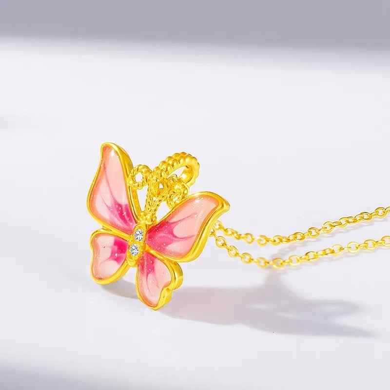 Enamel Butterfly Necklace - 18K Gold Color-Preserving Charm on Silver Chain, Versatile Luxury Accessory