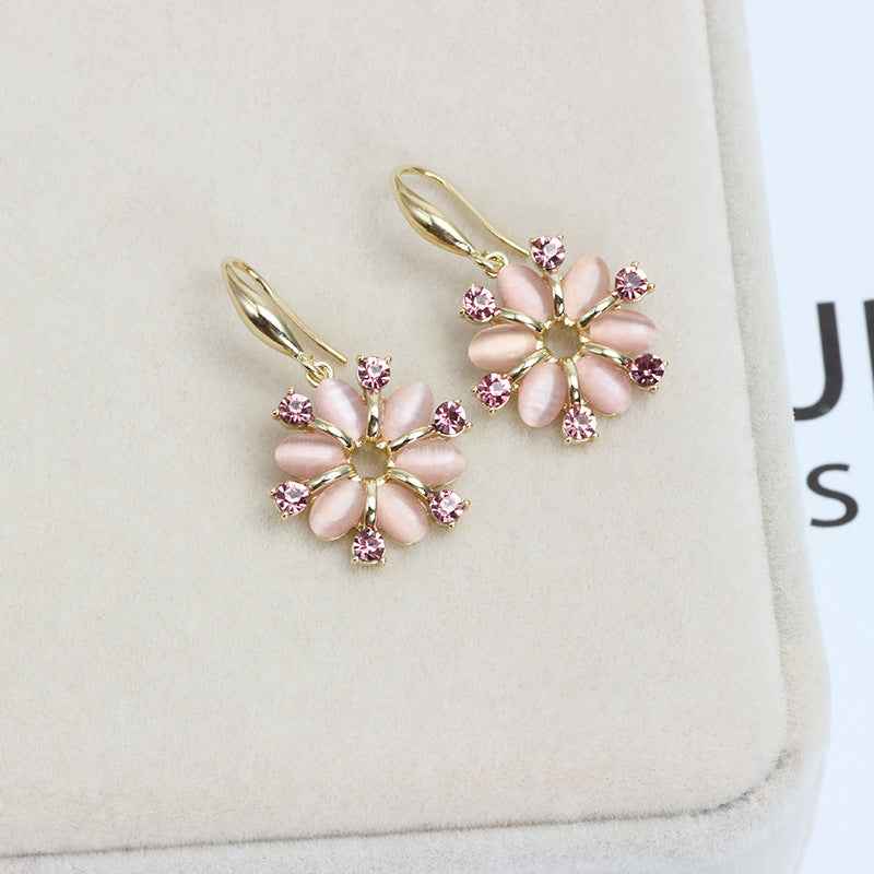 Gold-Plated Flower Earrings – Retro Floral Design with Simulated Gemstone & Rhinestone Drops, Korean-Inspired (Gold or Platinum)