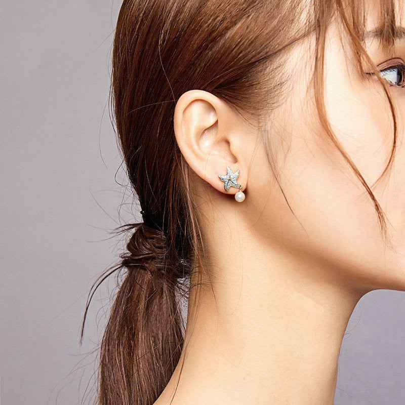 Ocean Starfish Pearl Earrings – 925 Sterling Silver with Platinum-Plated Blue Zircon & Pearl Accents