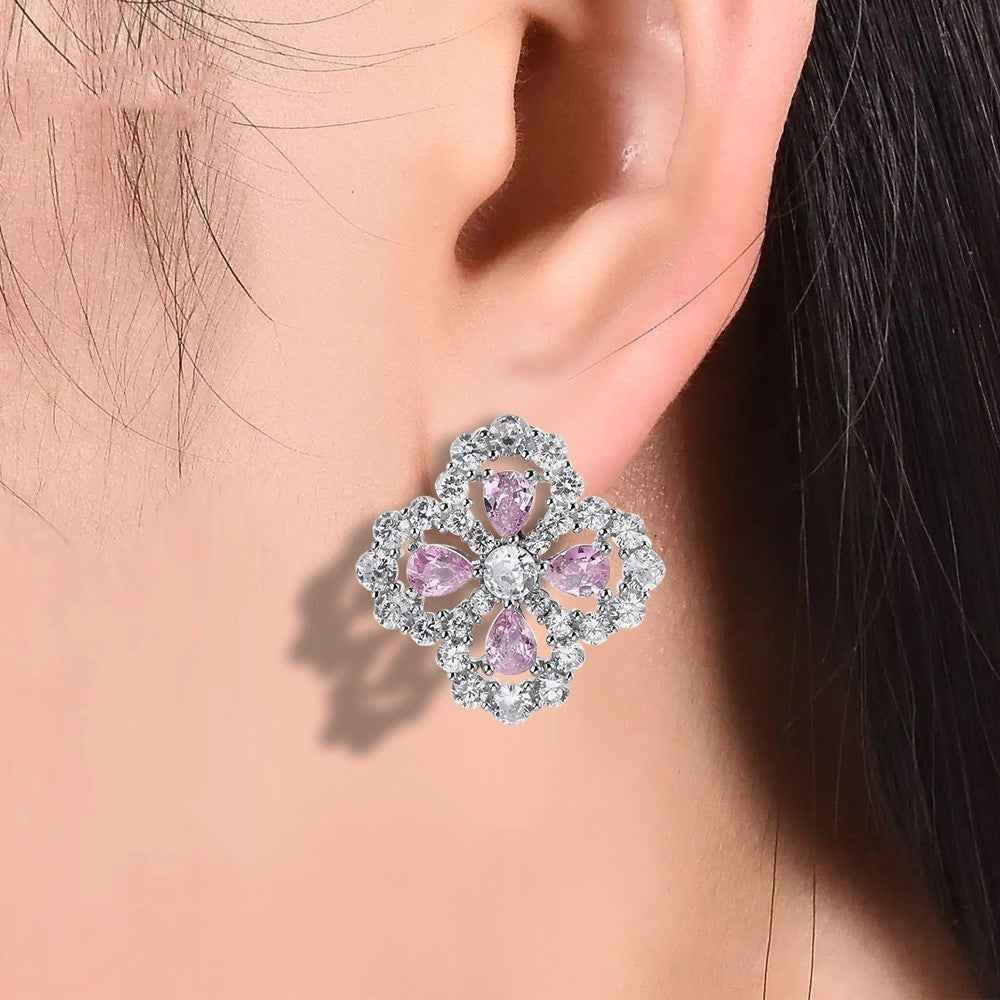 Four-Leaf Clover Earrings with Pink or White Zircon Stones – Silver Lucky Flower Jewelry