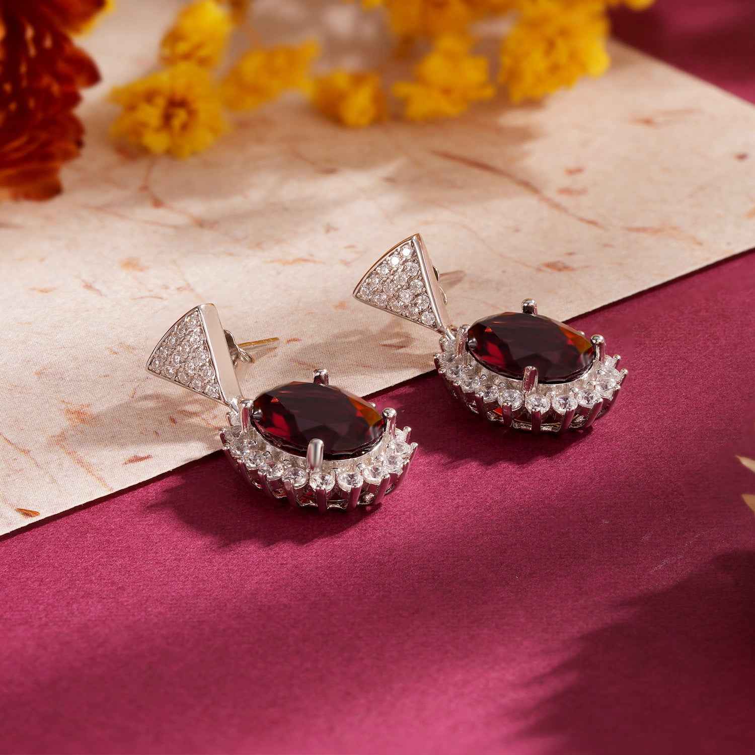 Elegant Garnet Flower Drop Earrings in 925 Sterling Silver with 5ct Natural Stones