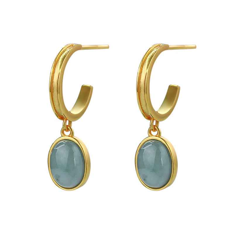 Natural Jade Egg Earrings – 925 Sterling Silver, Gold-Plated, Modern Chinese Design