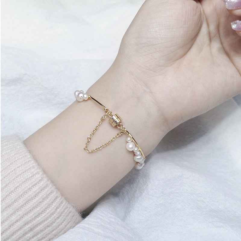 Woven Freshwater Pearl Bracelet - Original Design with Mother Pearl Shell Accent