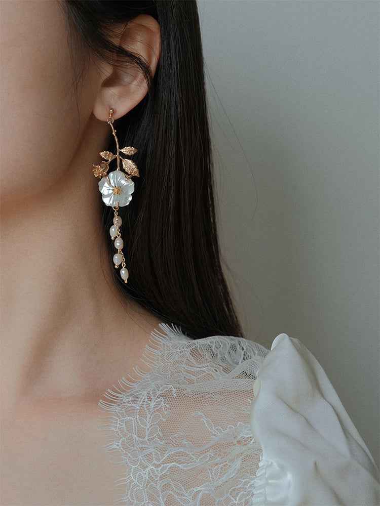 Handmade Pearl Stud Earrings - Vintage Mother of Pearl with Natural Pearls and Gold-Plated Copper