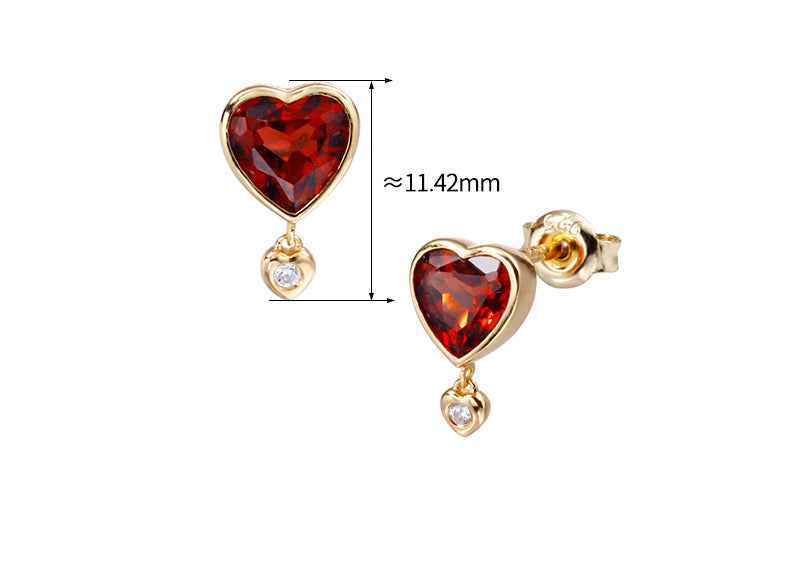 Natural Garnet Heart Stud Earrings in 925 Sterling Silver with Zircon Accents – Romantic Gemstone Jewelry