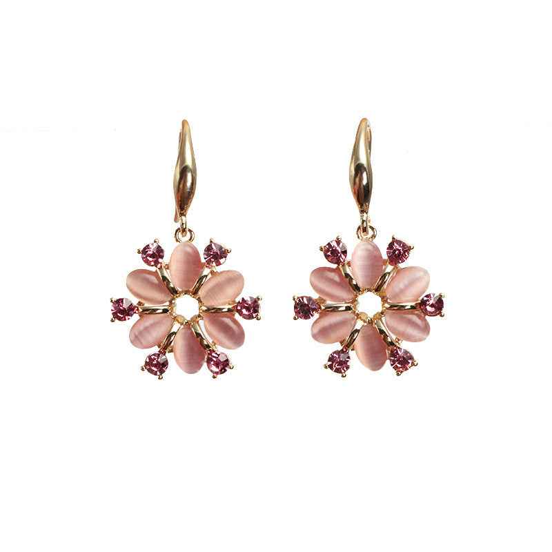 Gold-Plated Flower Earrings – Retro Floral Design with Simulated Gemstone & Rhinestone Drops, Korean-Inspired (Gold or Platinum)