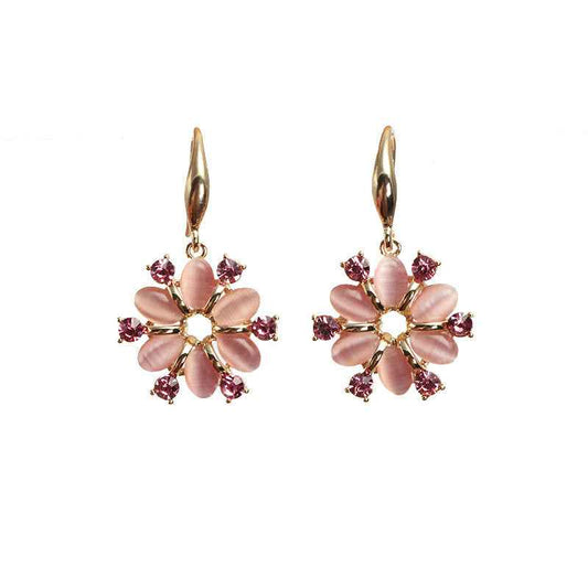 Gold-Plated Flower Earrings – Retro Floral Design with Simulated Gemstone & Rhinestone Drops, Korean-Inspired (Gold or Platinum)