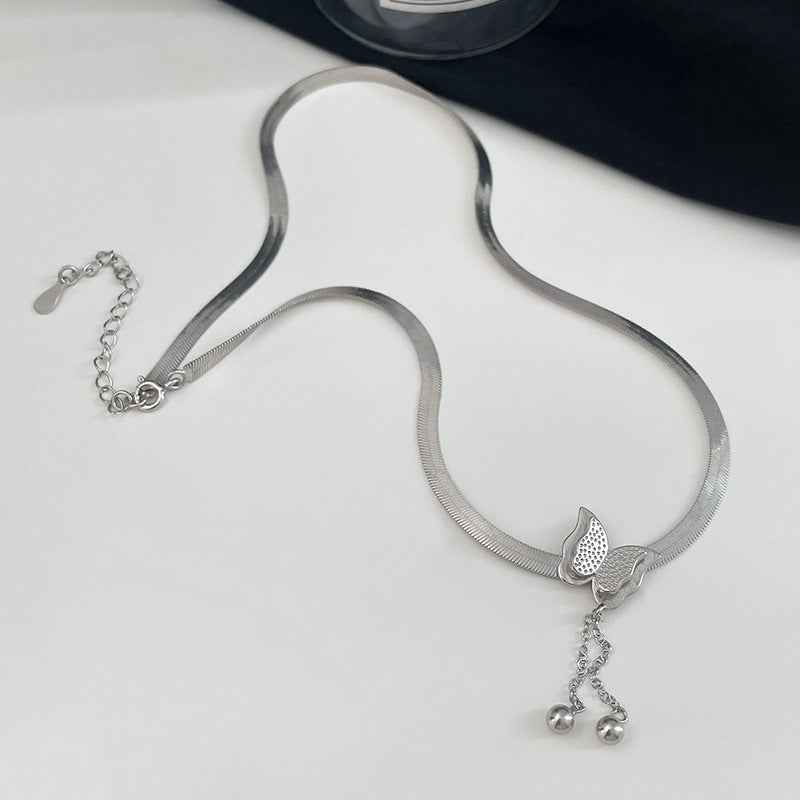 Flat Snake Bone Chain Necklace with Butterfly Pendant in S925 Sterling Silver – Korean Style Fashion Accessory