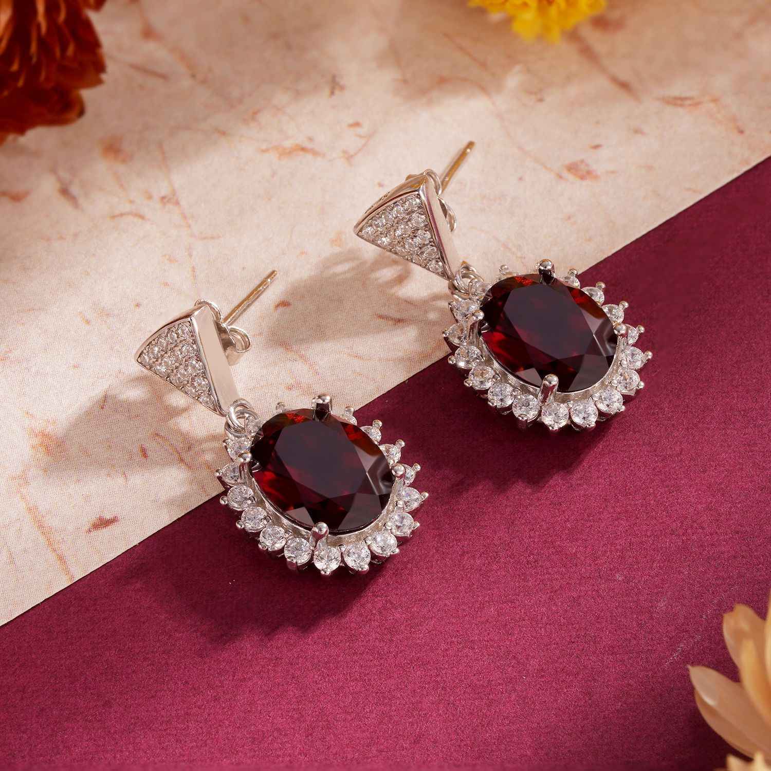 Elegant Garnet Flower Drop Earrings in 925 Sterling Silver with 5ct Natural Stones
