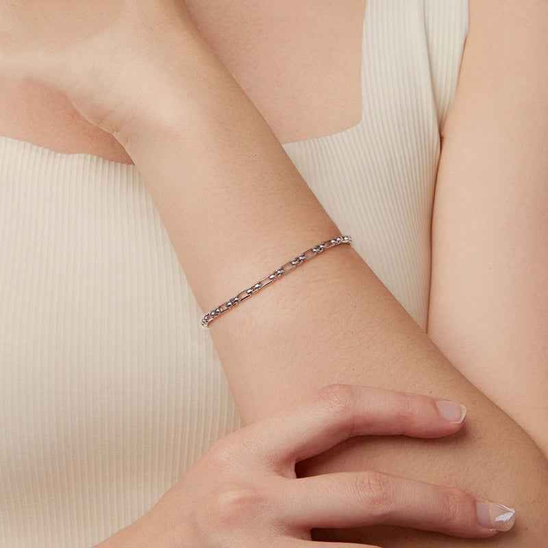 Minimalist Sterling Silver Bracelet - Modern Round Box Chain Design in S925
