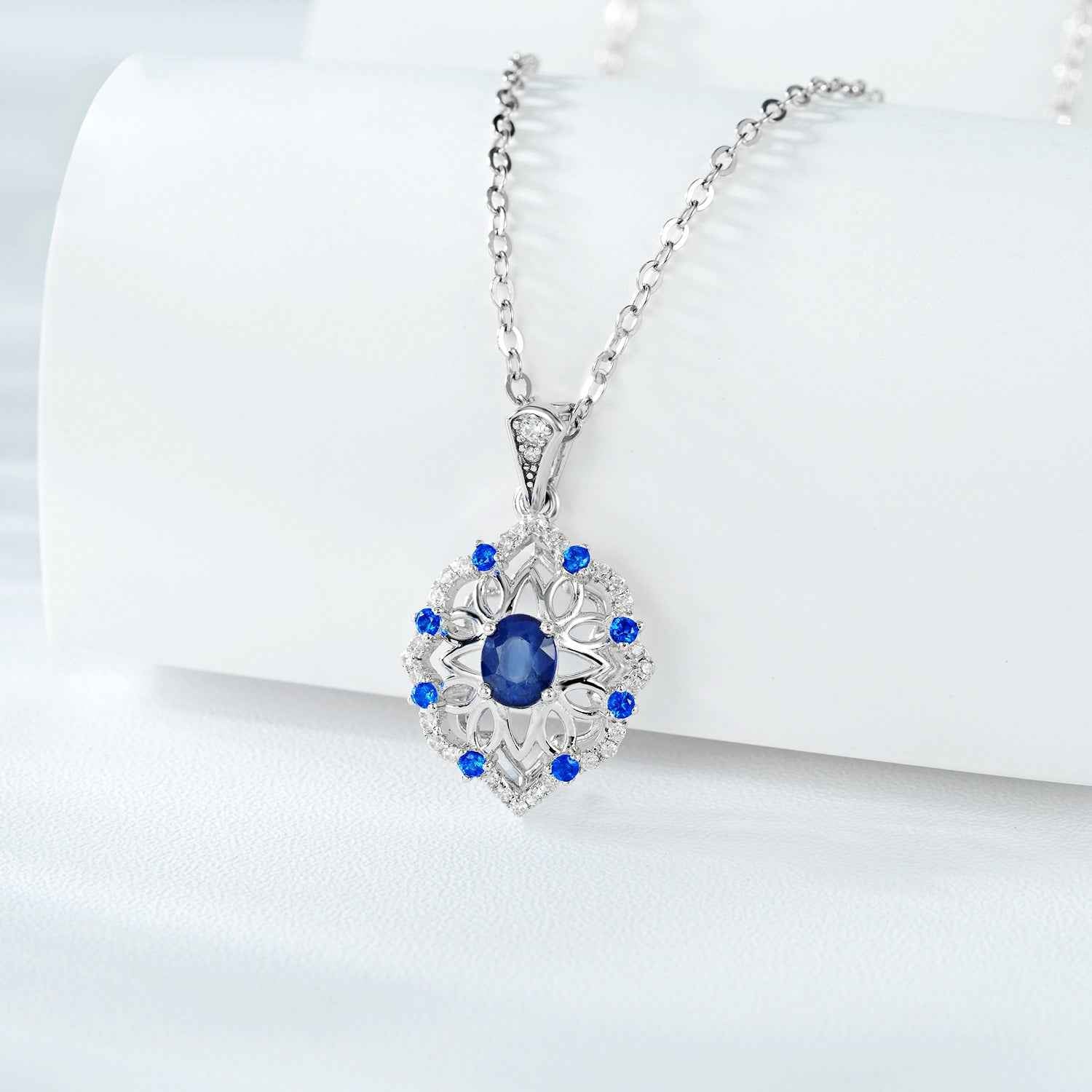 Natural Sapphire Flower Pendant Necklace | S925 Sterling Silver Vintage Retro Design with Adjustable Chain