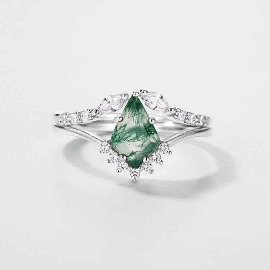Moss Agate Stackable Ring Set – Natural Green Stone & S925 Platinum Silver | Women's Geometric Kite Shape Two-Piece Jewelry