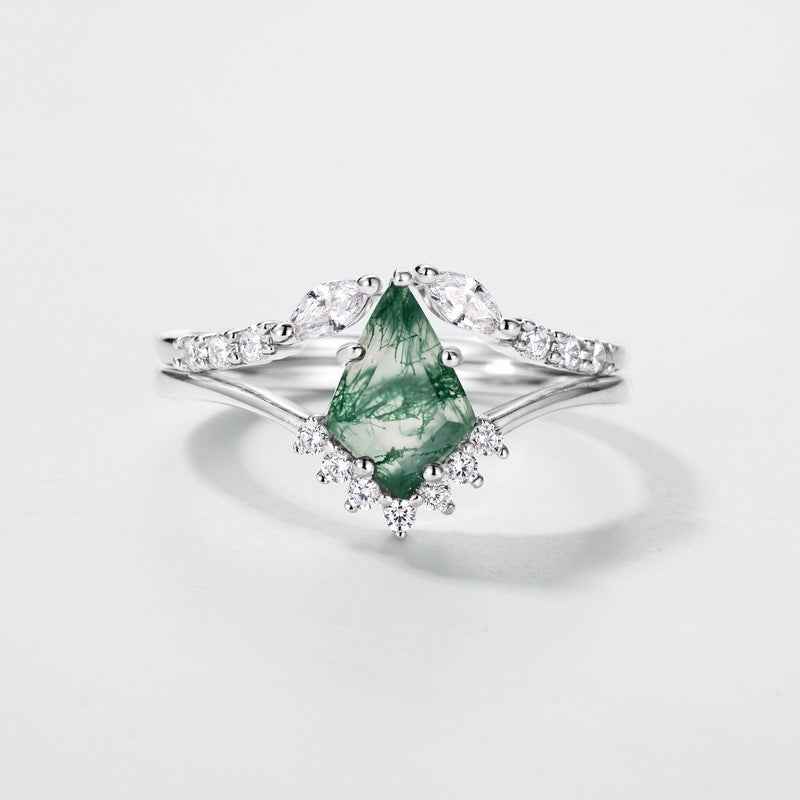 Moss Agate Stackable Ring Set – Natural Green Stone & S925 Platinum Silver | Women's Geometric Kite Shape Two-Piece Jewelry
