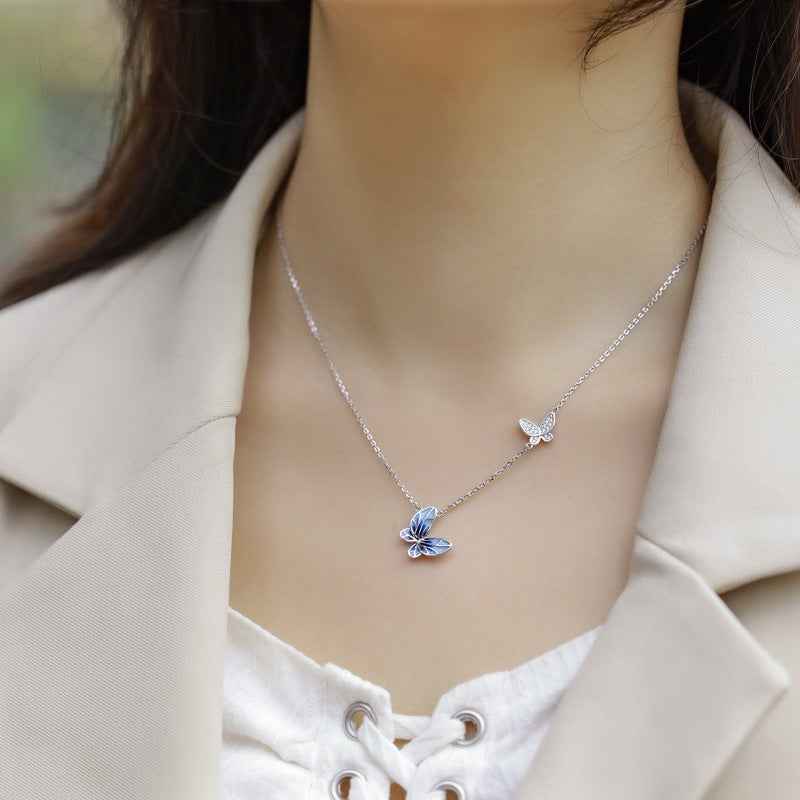 Enamel Butterfly Necklace in Platinum-Plated 925 Sterling Silver – Colorful Drip Finish for Office Lady Style