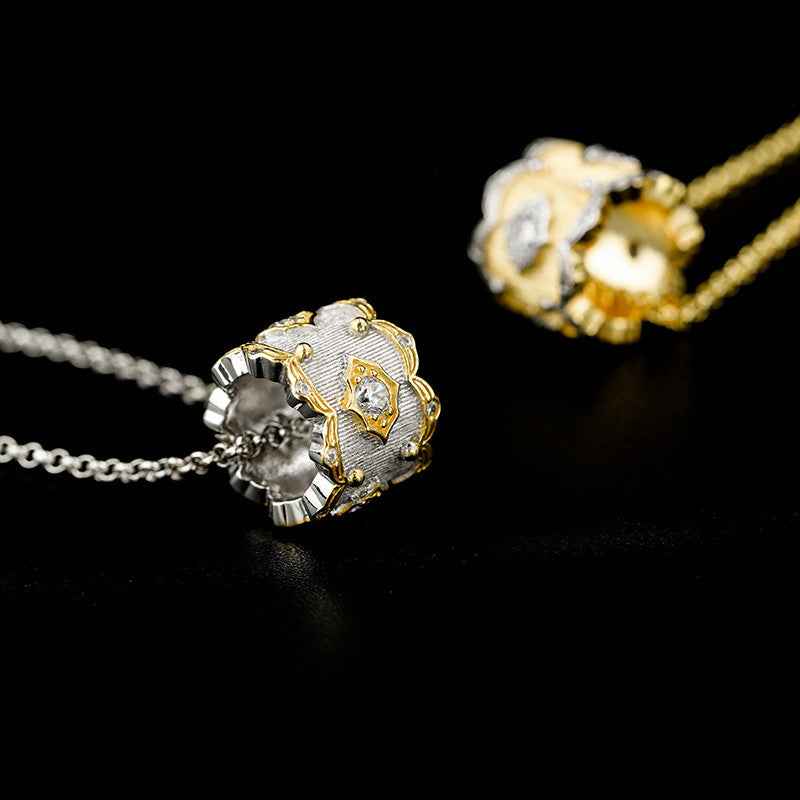 Fine Brushed Plant Flower Necklace with Zircon Accent, Adjustable Chain in Silver or Gold Finish