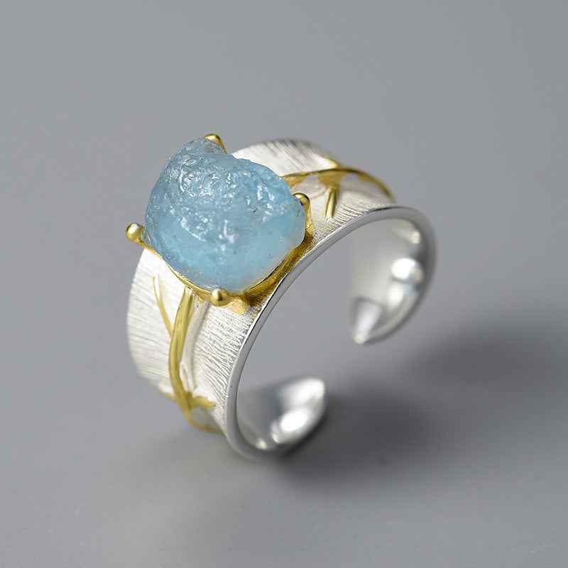 Long Leaf Aquamarine Ring - S925 Sterling Silver Floral Chinese Style Wide Band | Women's Nature-Inspired Jewelry