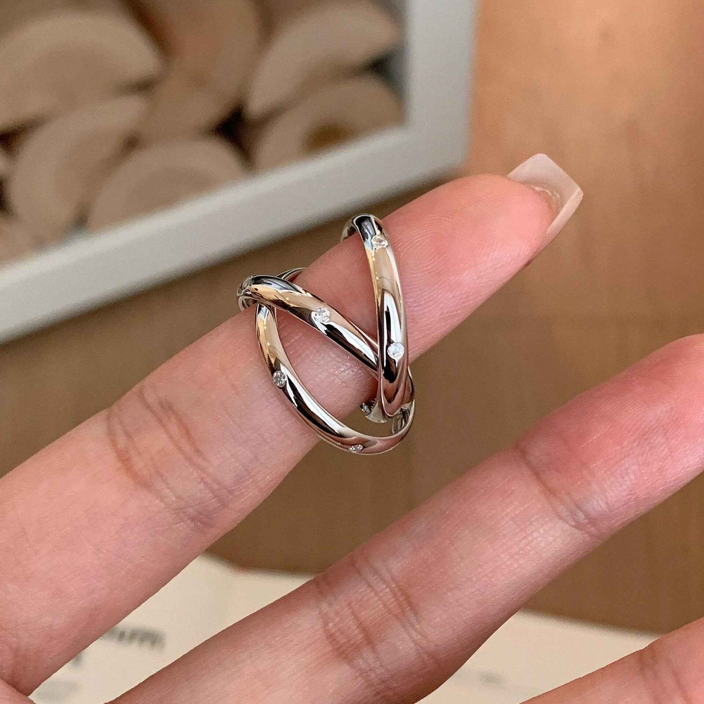 Multi-Layer Trinity Winding Ring – S925 Sterling Silver with White Gold Finish | Retro Geometric Statement Jewelry for Women